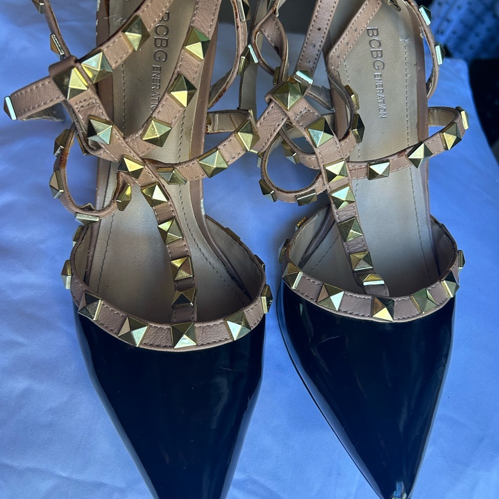 BCBG Black and Tan Heels with Gold Accents